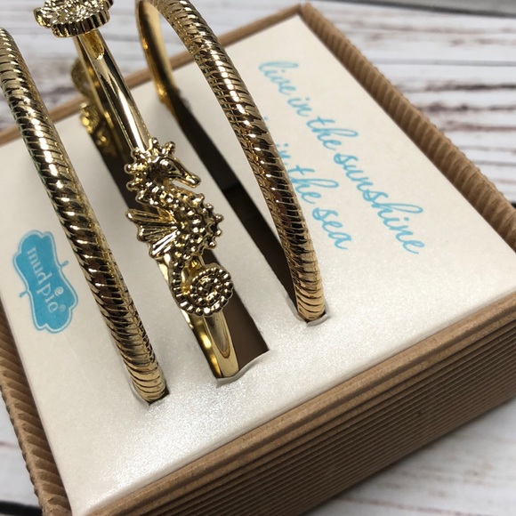 NWT Mudpie Gold Seahorse Bangle Bracelet Set - Picture 5 of 6
